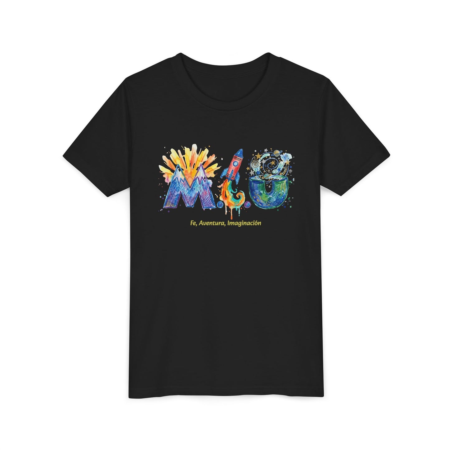 Camiseta Unisex Niños M.I.U — Logo Cohete & Volcán | Fe, Aventura, Imaginación