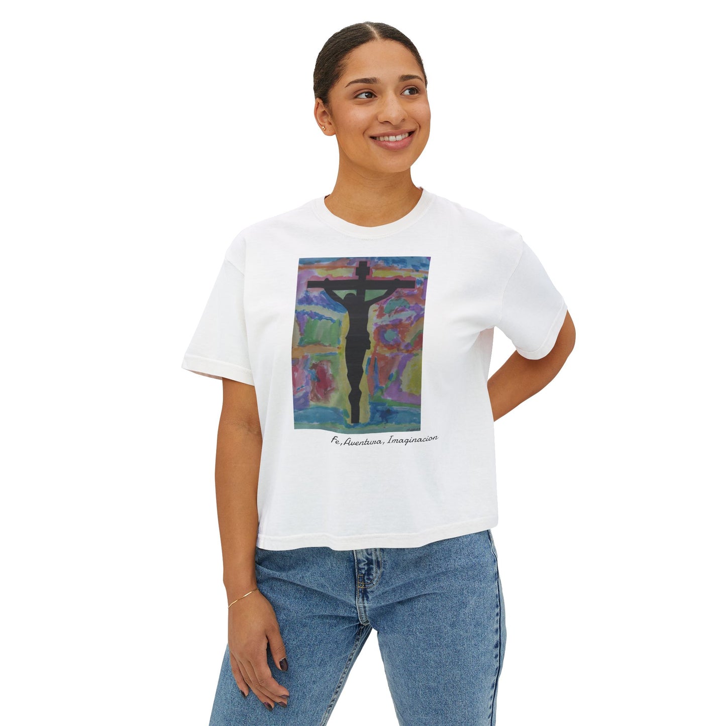 M.I.U Women’s Boxy Tee — Watercolor Faith Art by Matías