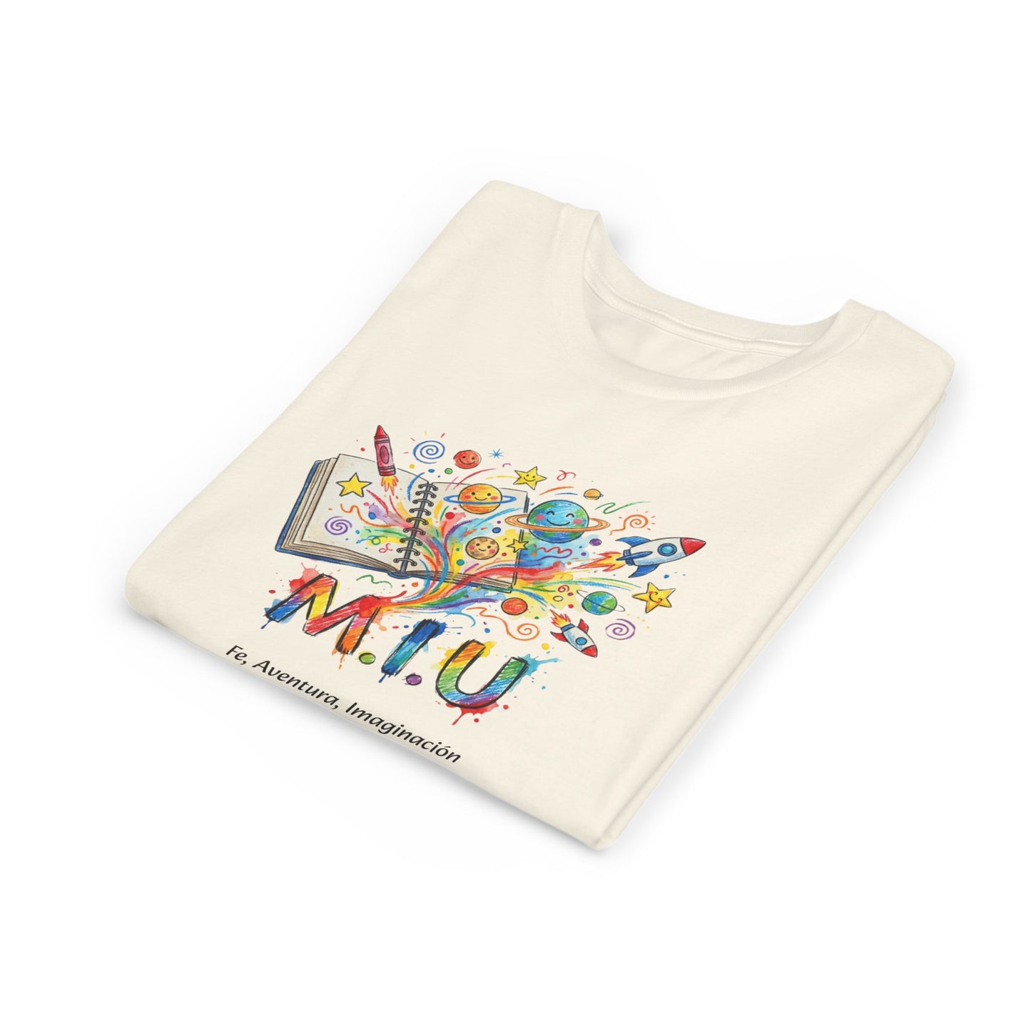 Camiseta Unisex Niños M.I.U — Logo Libro & Universo | Fe, Aventura, Imaginación