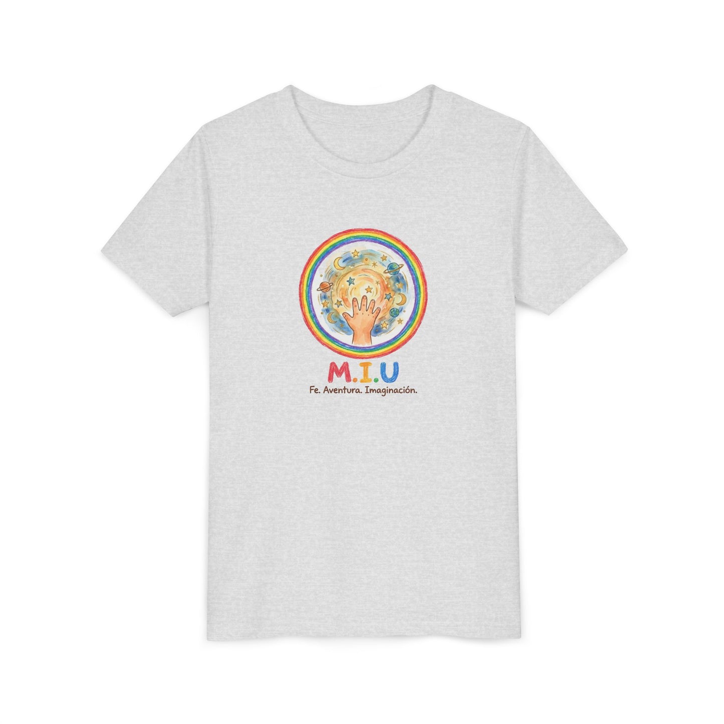 Camiseta Unisex Niños M.I.U — Logo Manito Arcoíris | Fe, Aventura, Imaginación