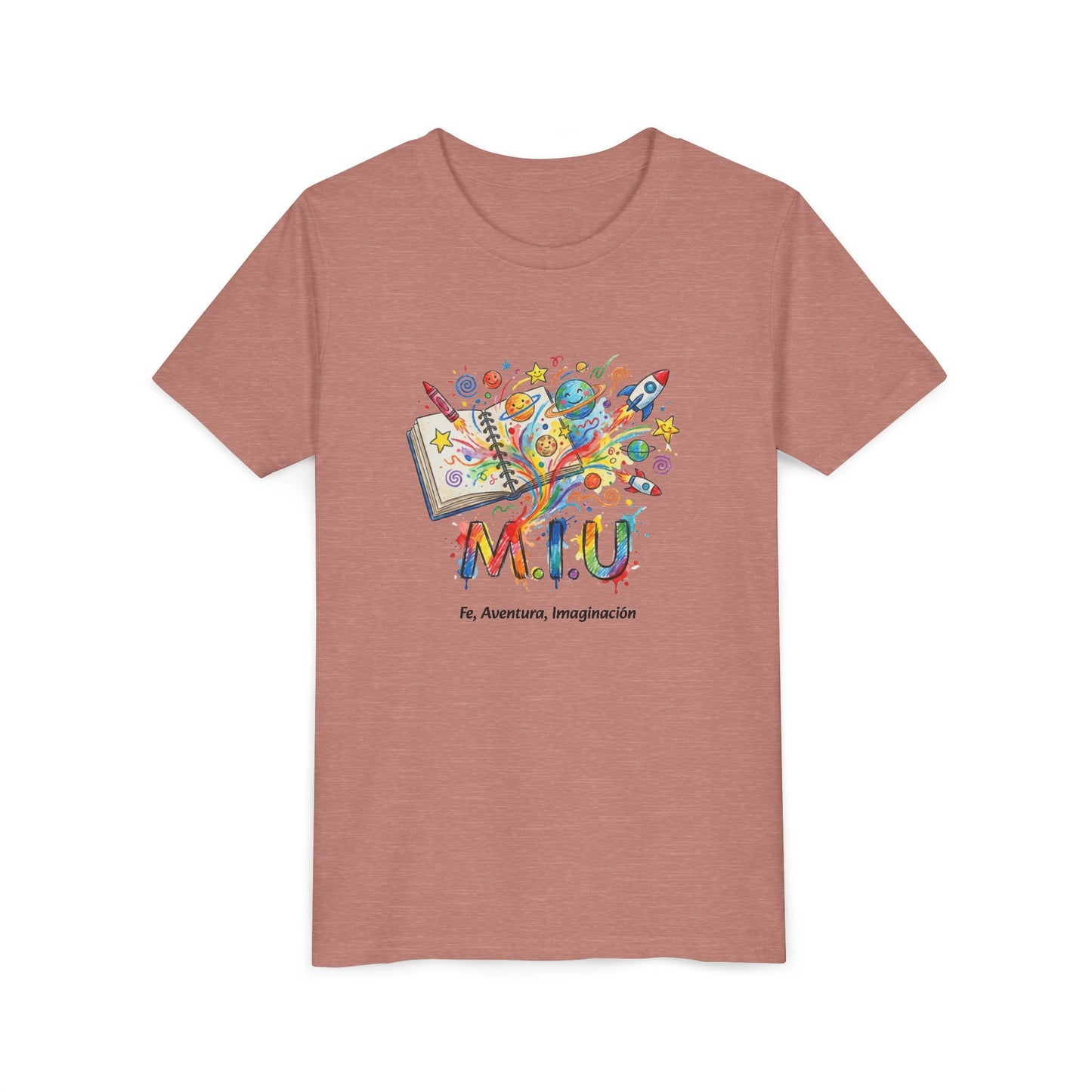 Camiseta Unisex Niños M.I.U — Logo Libro & Universo | Fe, Aventura, Imaginación