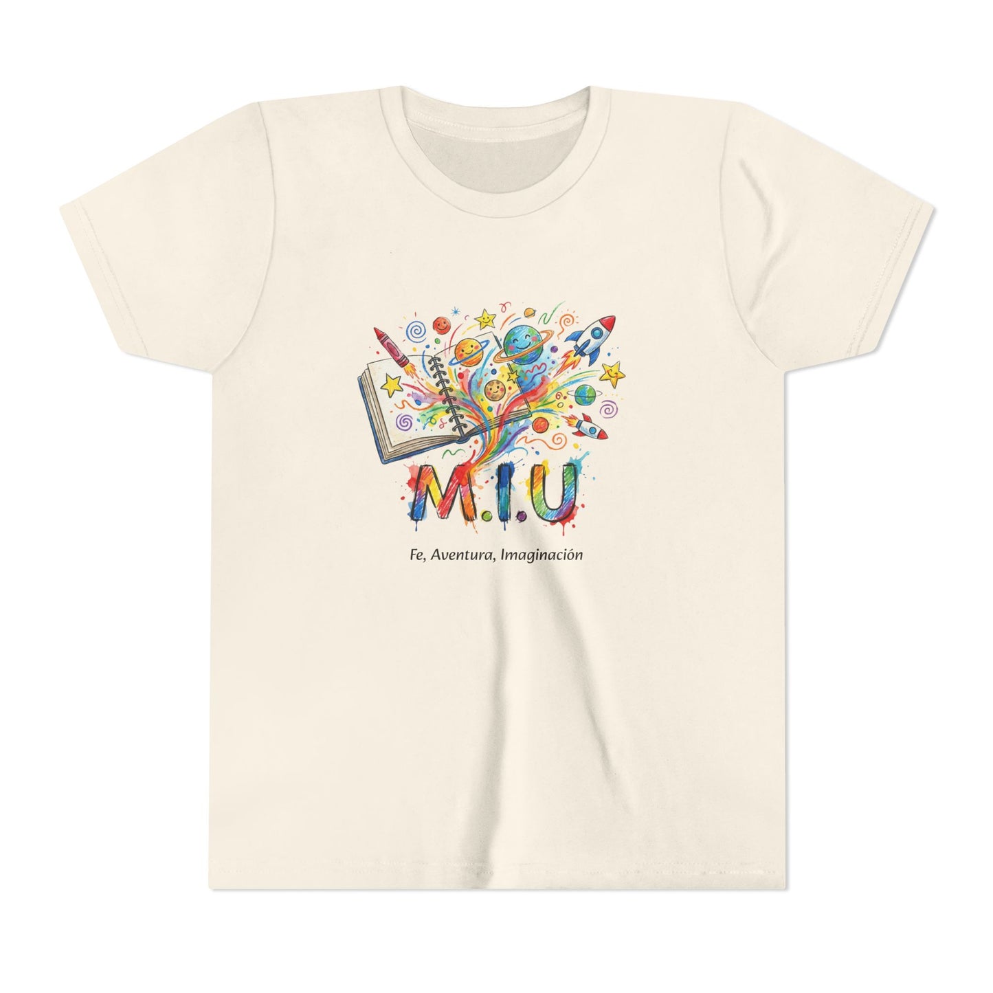 Camiseta Unisex Niños M.I.U — Logo Libro & Universo | Fe, Aventura, Imaginación