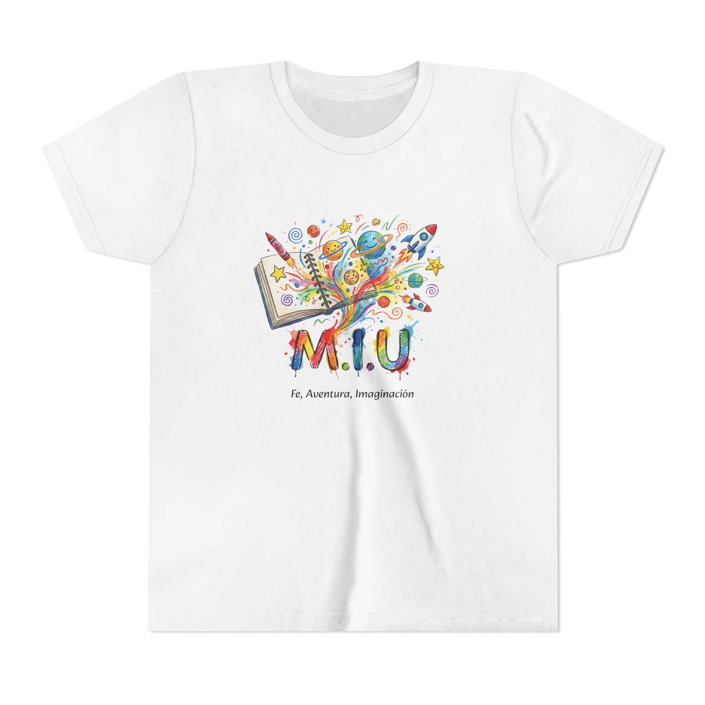 Camiseta Unisex Niños M.I.U — Logo Libro & Universo | Fe, Aventura, Imaginación
