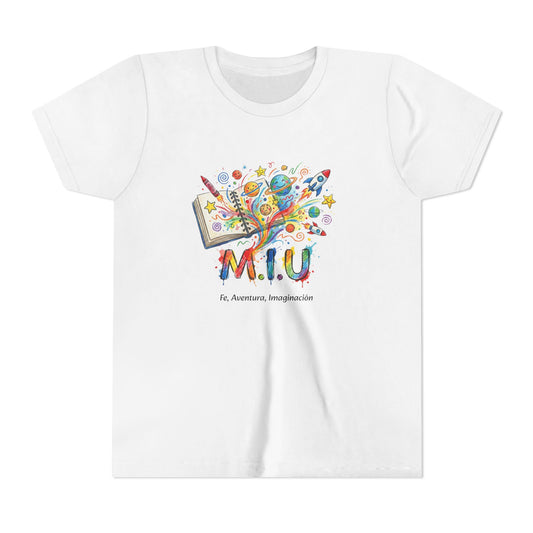 Camiseta Unisex Niños M.I.U — Logo Libro & Universo | Fe, Aventura, Imaginación