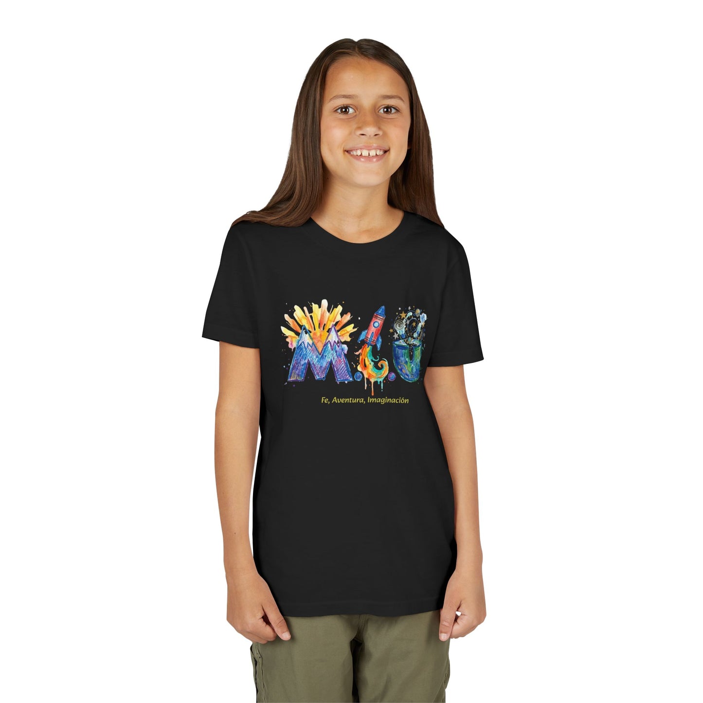 Camiseta Unisex Niños M.I.U — Logo Cohete & Volcán | Fe, Aventura, Imaginación
