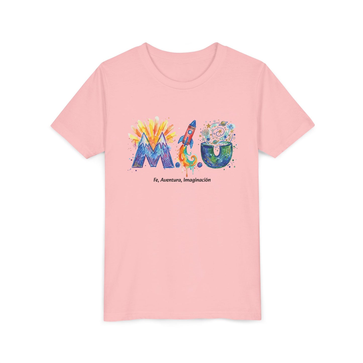 Camiseta Unisex Niños M.I.U — Logo Cohete & Volcán | Fe, Aventura, Imaginación