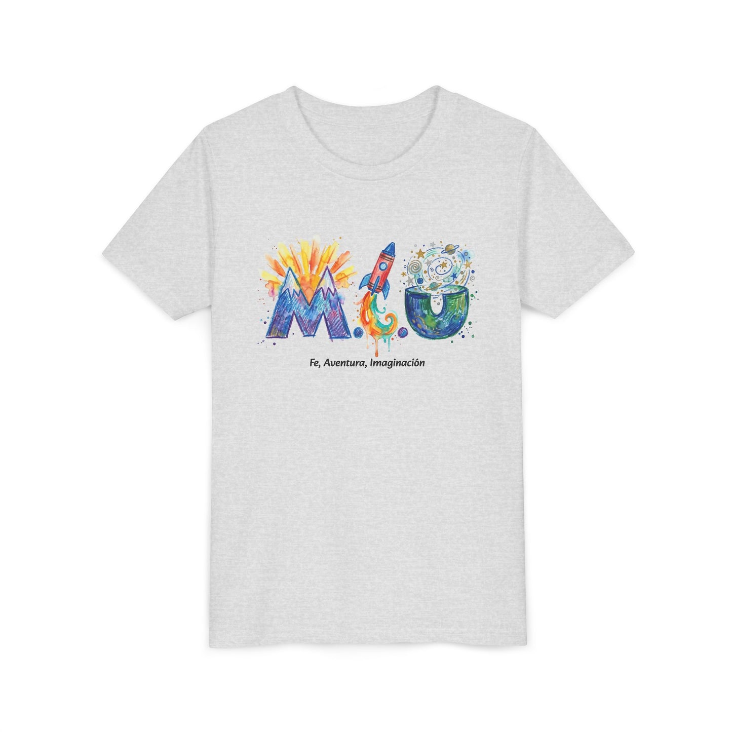 Camiseta Unisex Niños M.I.U — Logo Cohete & Volcán | Fe, Aventura, Imaginación