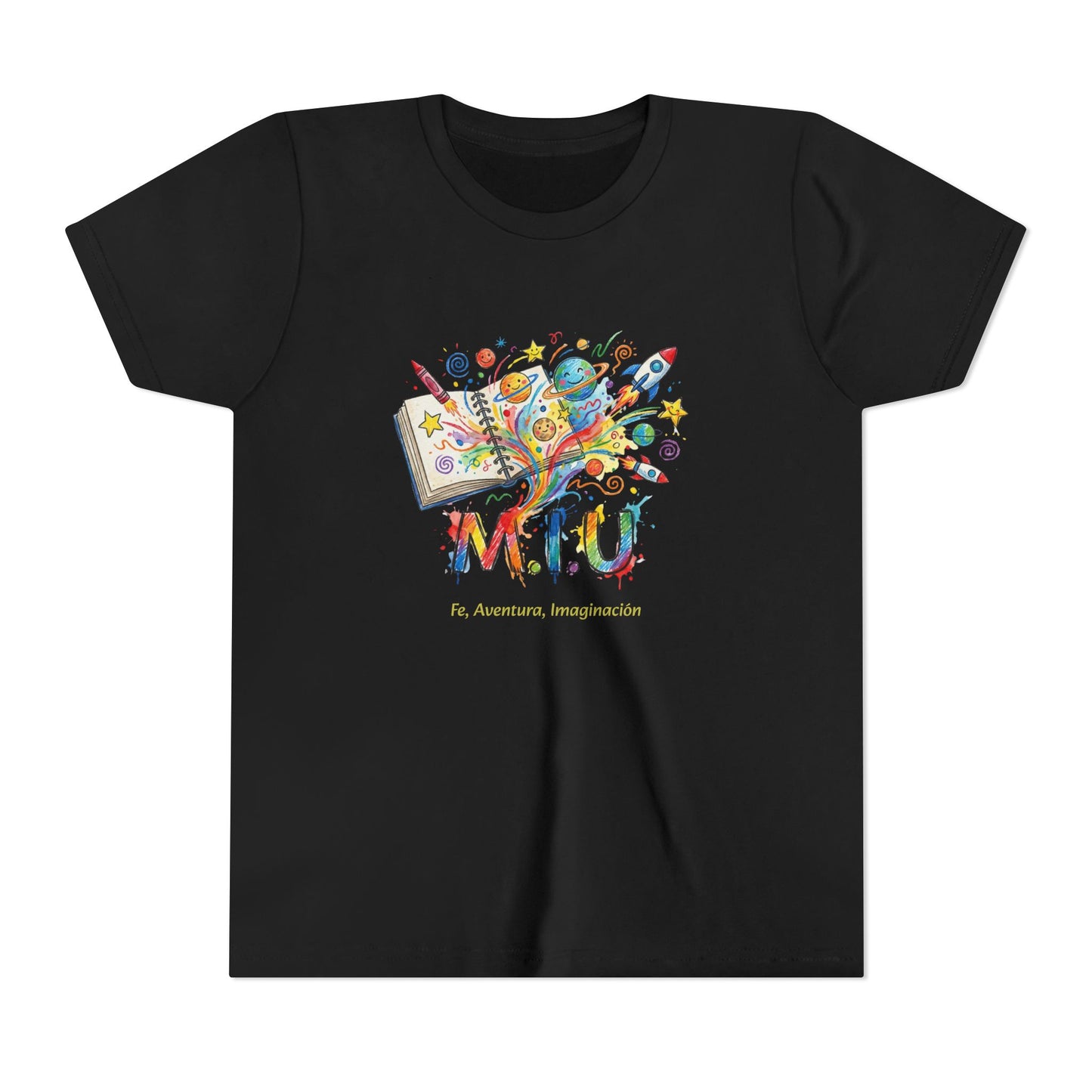 Camiseta Unisex Niños M.I.U — Logo Libro & Universo | Fe, Aventura, Imaginación