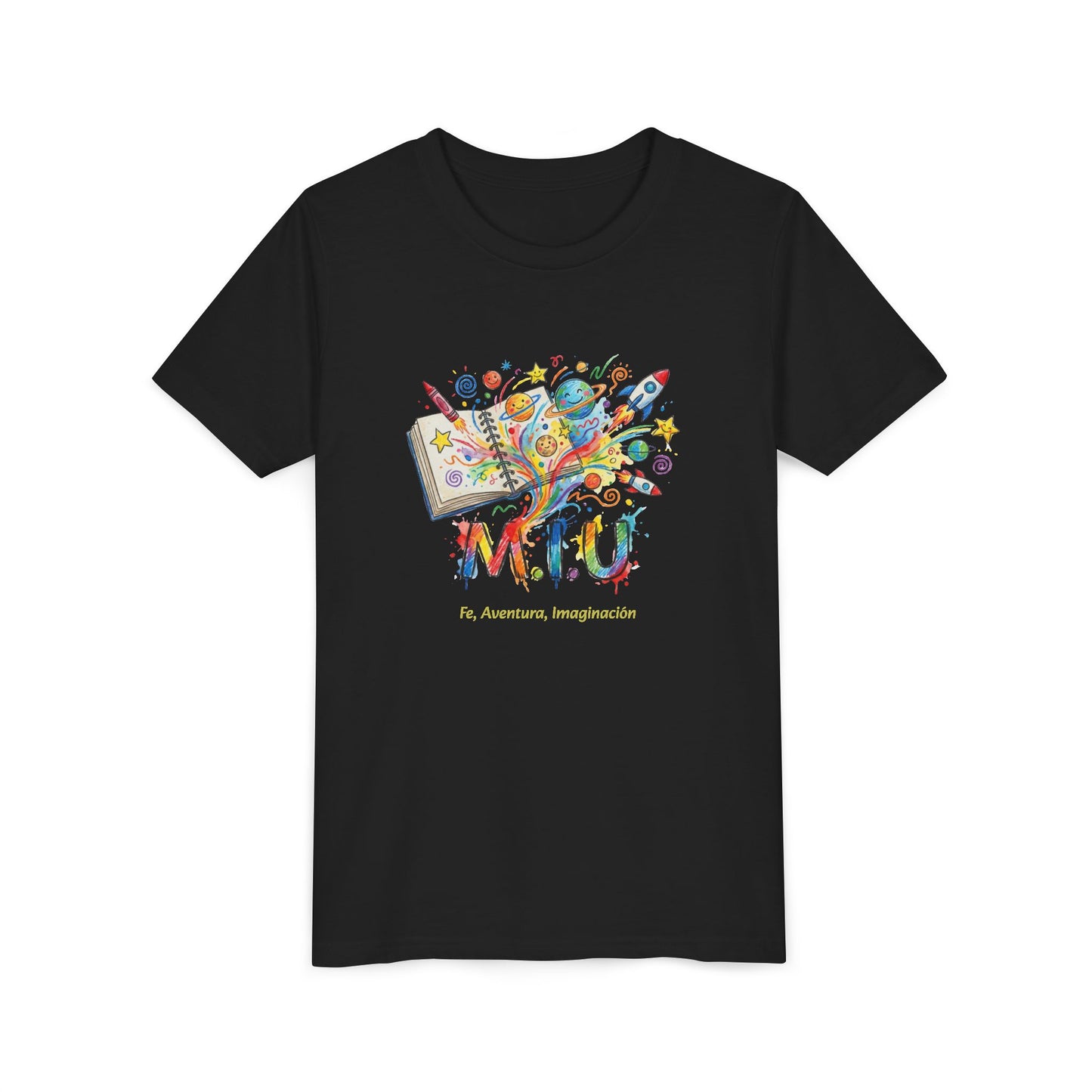 Camiseta Unisex Niños M.I.U — Logo Libro & Universo | Fe, Aventura, Imaginación