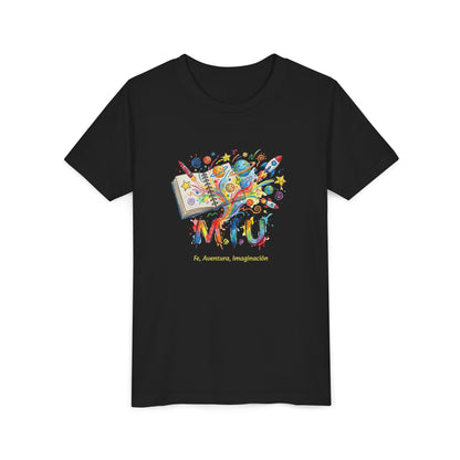 Camiseta Unisex Niños M.I.U — Logo Libro & Universo | Fe, Aventura, Imaginación