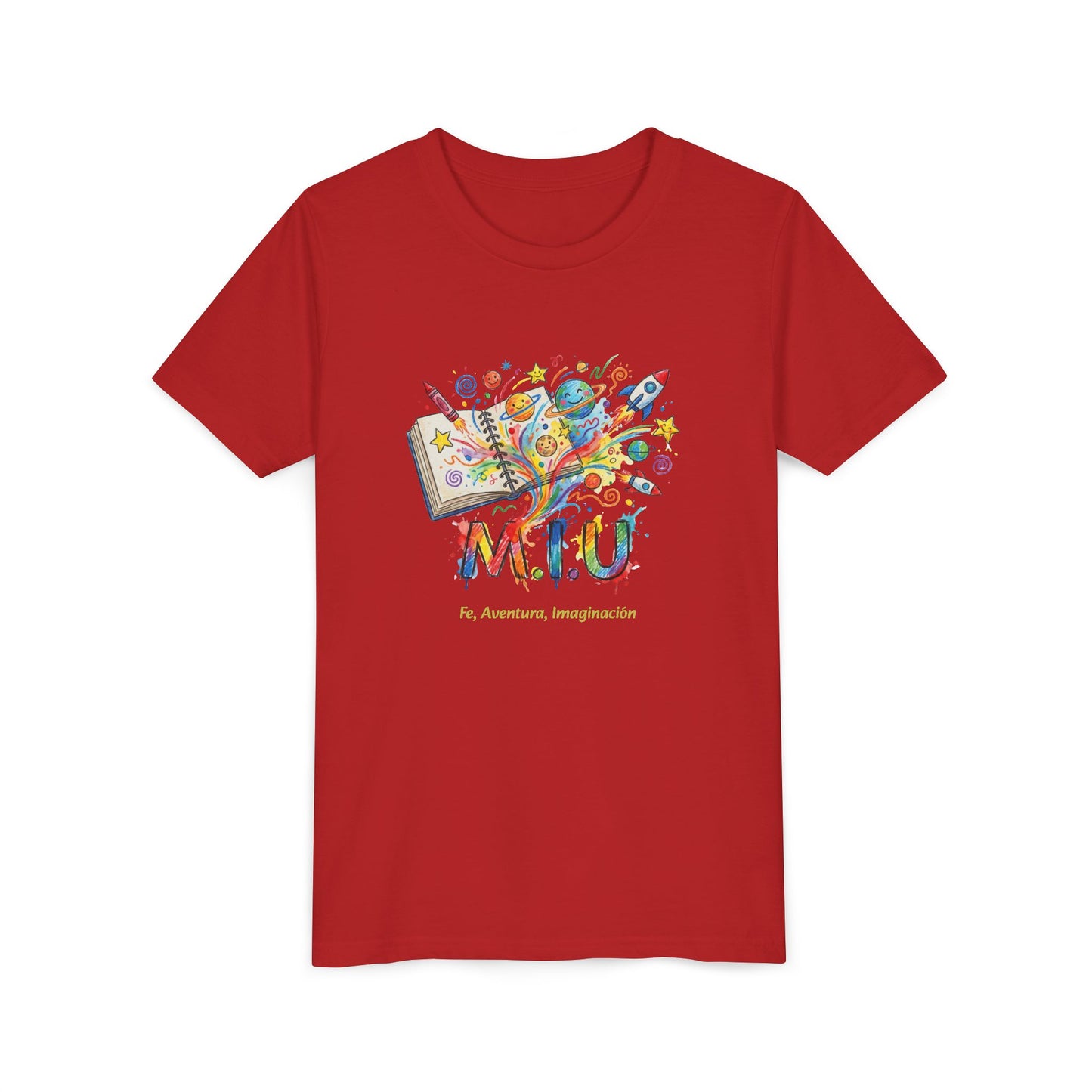 Camiseta Unisex Niños M.I.U — Logo Libro & Universo | Fe, Aventura, Imaginación