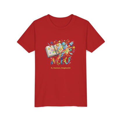 Camiseta Unisex Niños M.I.U — Logo Libro & Universo | Fe, Aventura, Imaginación